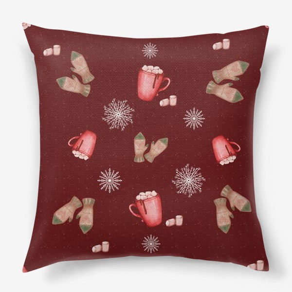 Подушка «Варежки какао и снежинки новогодний зимний принт »