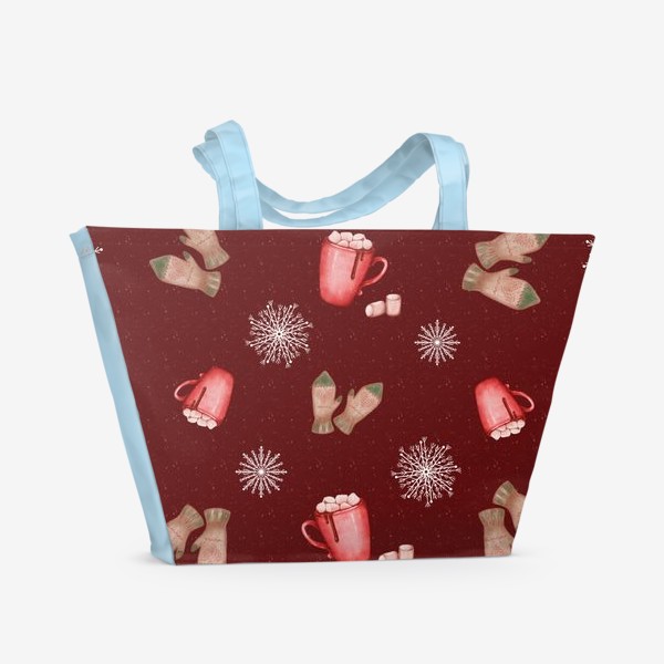 Пляжная сумка «Варежки какао и снежинки новогодний зимний принт »