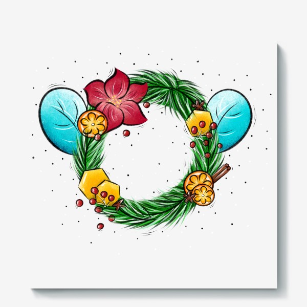 Холст «Новогодний и рождественский венок с пчелиными крылышками,цветком, медом, апельсином, омелой, гвоздикой и корицей »
