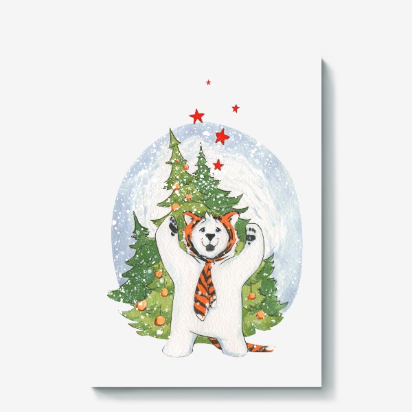Холст «Белый медведь в костюме тигра (Новый год, зима)»