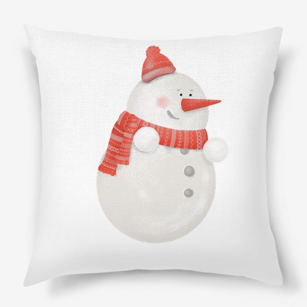 Подушка «Снеговик. Новогоднее волшебство. Подарок. Новый год, Рождество. Дед Мороз, Санта Клаус. Зима. Снег, шарф, шапка»