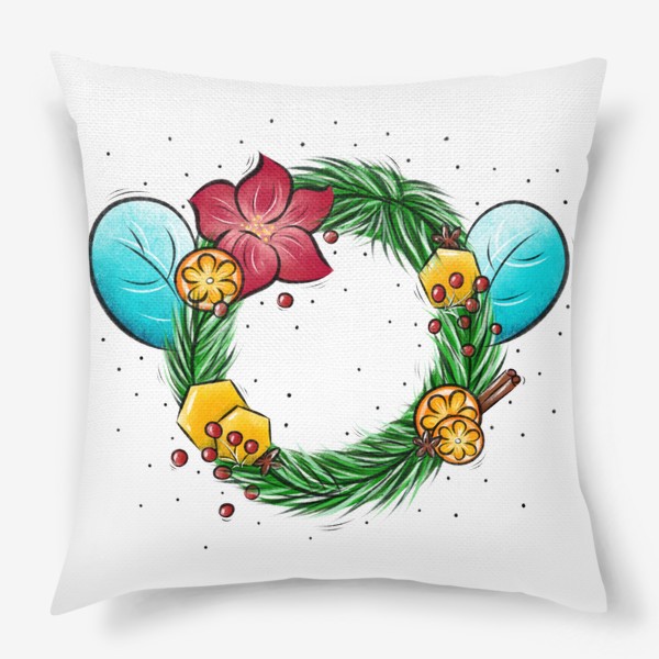 Подушка «Новогодний и рождественский венок с пчелиными крылышками,цветком, медом, апельсином, омелой, гвоздикой и корицей »