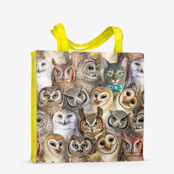 Сумка-шоппер «Найди кота! Совы совята птицы птичий совиный кошки котики коты коричневый»