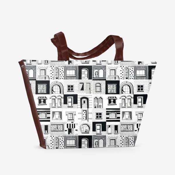 Пляжная сумка &laquo;Веселый и озорной черно-белый паттерн с городом, домами и людьми&raquo;