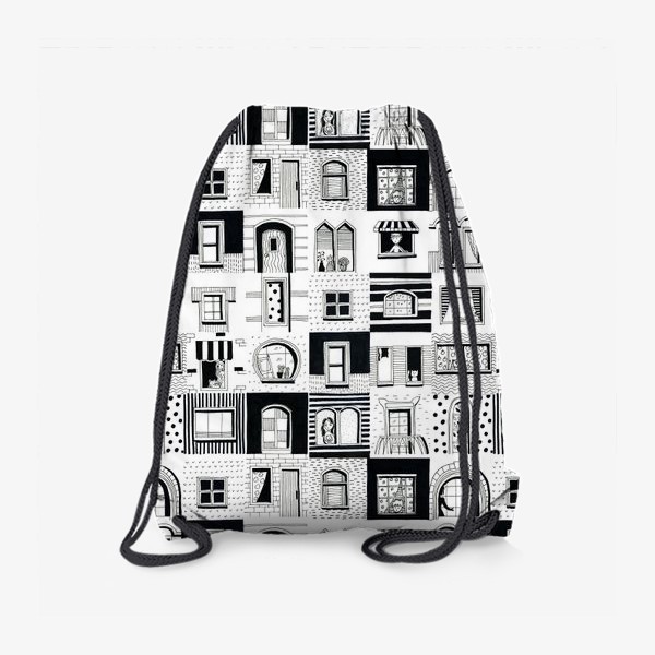 Рюкзак «Веселый и озорной черно-белый паттерн с городом, домами и людьми»