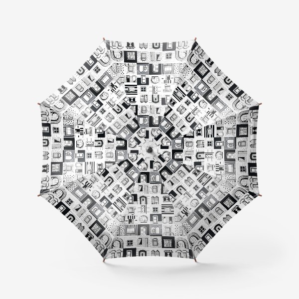 Зонт «Веселый и озорной черно-белый паттерн с городом, домами и людьми»