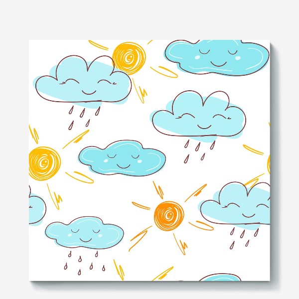 Холст « «Желтое солнце. Милое улыбающееся облако с красочными каплями дождя на белом фоне. Лето, природа.  »»
