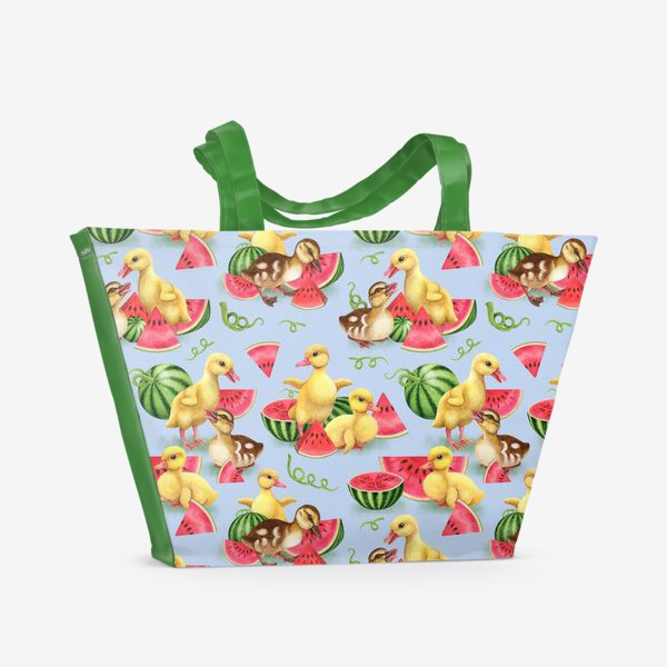 Пляжная сумка «Утята, арбузы, урожай, утки, уточки, птички, фрукты, плоды, голубой фон»