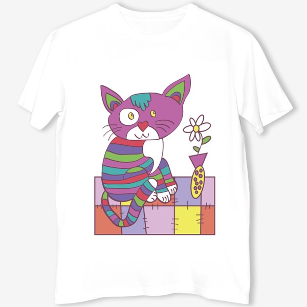 Футболка «забавный полосатый кот на коврике с вазой с цветами иллюстрация»