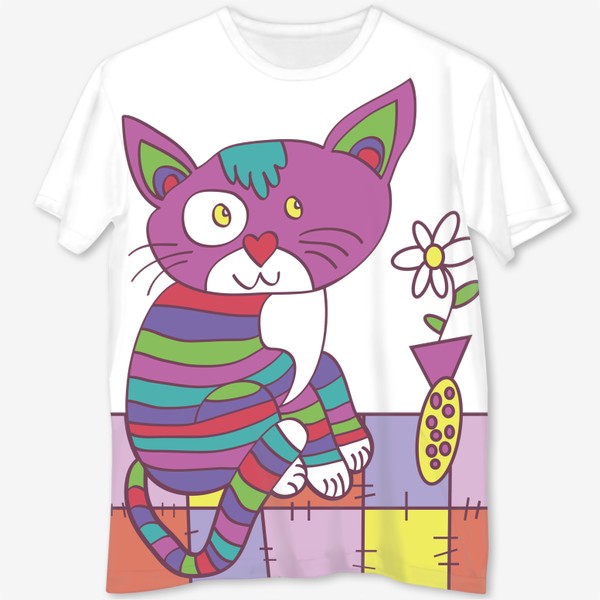 Футболка с полной запечаткой «забавный полосатый кот на коврике с вазой с цветами иллюстрация»