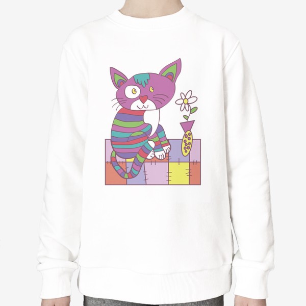 Свитшот «забавный полосатый кот на коврике с вазой с цветами иллюстрация»