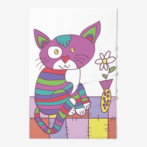 Полотенце «забавный полосатый кот на коврике с вазой с цветами иллюстрация»