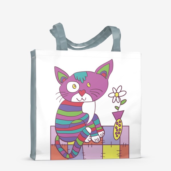 Сумка-шоппер «забавный полосатый кот на коврике с вазой с цветами иллюстрация»
