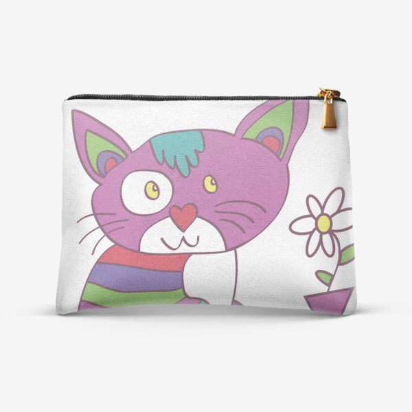 Косметичка «забавный полосатый кот на коврике с вазой с цветами иллюстрация»