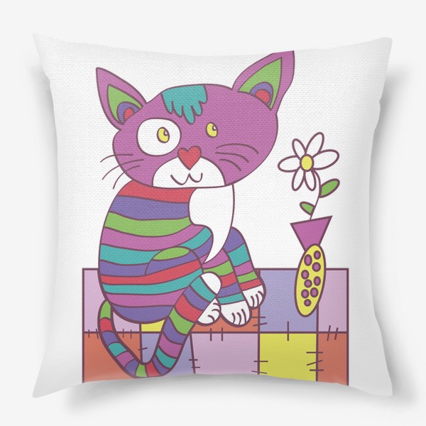Подушка &laquo;забавный полосатый кот на коврике с вазой с цветами иллюстрация&raquo;