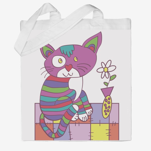 Сумка хб «забавный полосатый кот на коврике с вазой с цветами иллюстрация»