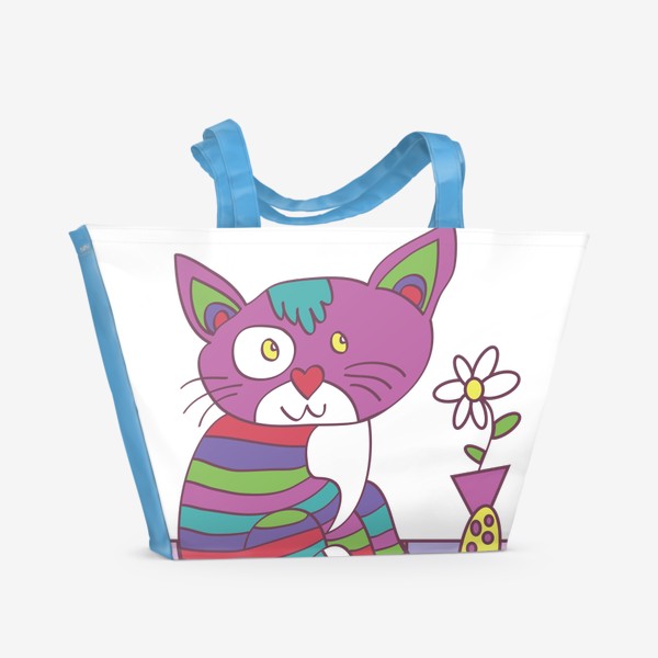 Пляжная сумка «забавный полосатый кот на коврике с вазой с цветами иллюстрация»