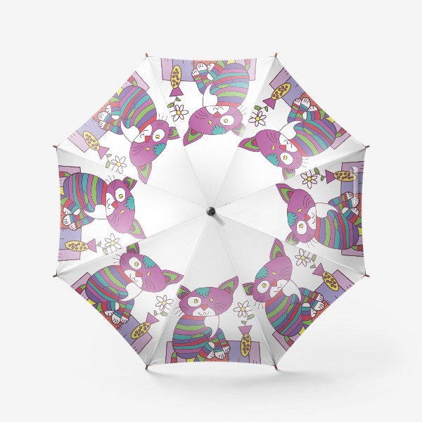 Зонт «забавный полосатый кот на коврике с вазой с цветами иллюстрация»