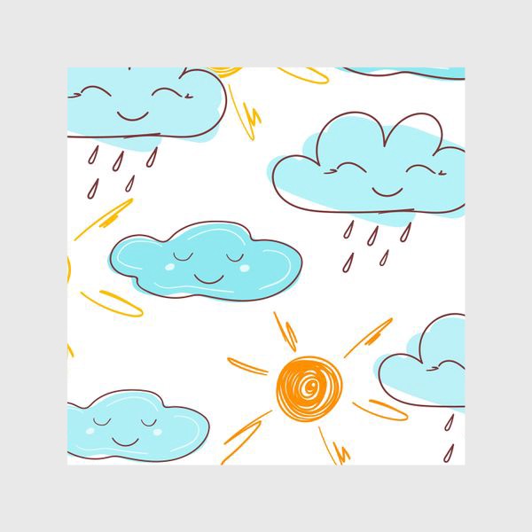 Шторы « «Желтое солнце. Милое улыбающееся облако с красочными каплями дождя на белом фоне. Лето, природа.  »»