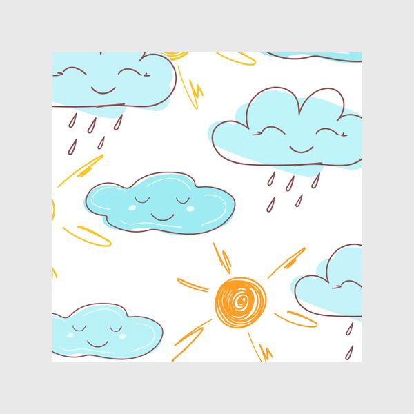 Скатерть « «Желтое солнце. Милое улыбающееся облако с красочными каплями дождя на белом фоне. Лето, природа.  »»