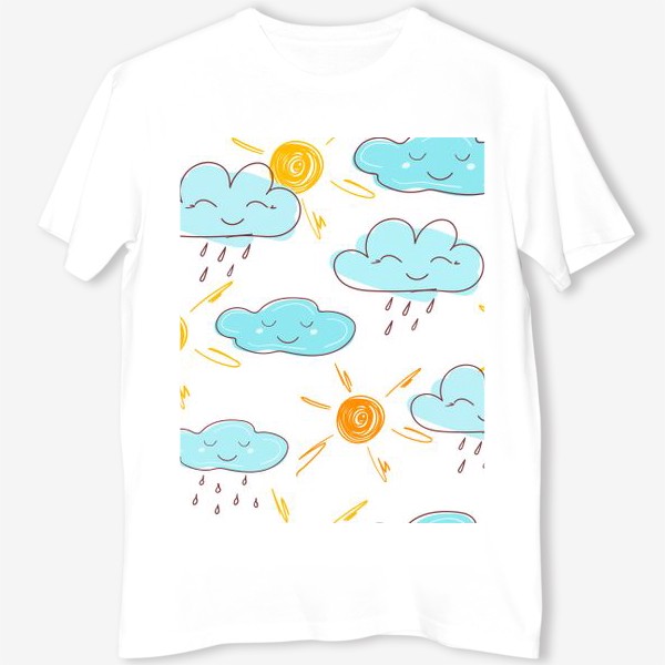 Футболка « «Желтое солнце. Милое улыбающееся облако с красочными каплями дождя на белом фоне. Лето, природа.  »»