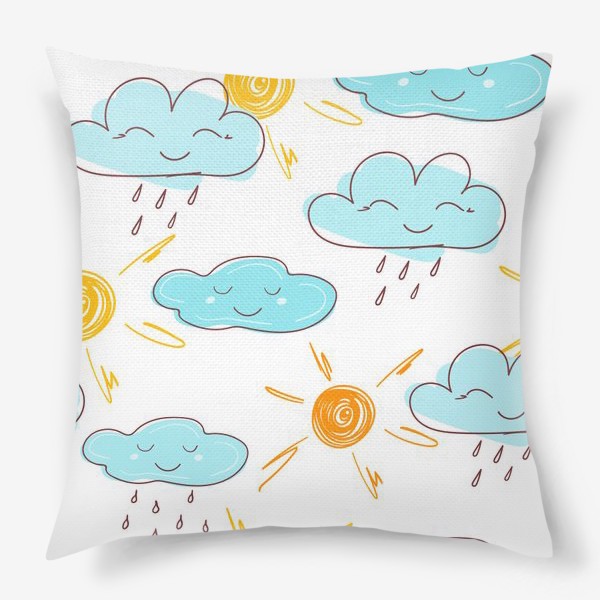 Подушка « «Желтое солнце. Милое улыбающееся облако с красочными каплями дождя на белом фоне. Лето, природа.  »»