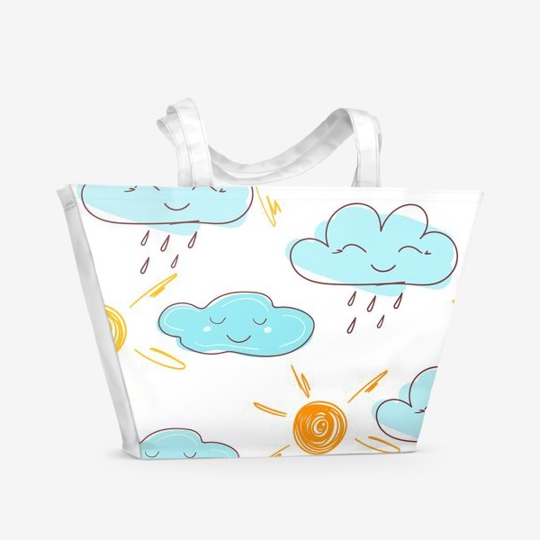 Пляжная сумка « «Желтое солнце. Милое улыбающееся облако с красочными каплями дождя на белом фоне. Лето, природа.  »»