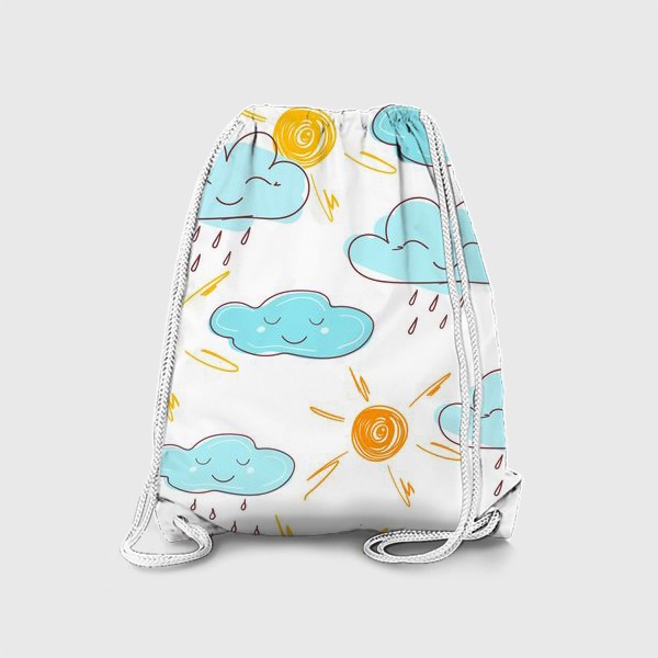 Рюкзак « «Желтое солнце. Милое улыбающееся облако с красочными каплями дождя на белом фоне. Лето, природа.  »»
