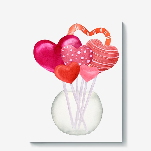 Холст «Сердечки чупа чупсы в вазочке - 14 февраля - Сердечки на палочке лоллипоп - Lollipop»