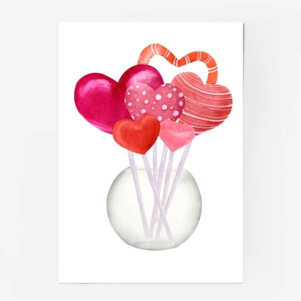 Постер «Сердечки чупа чупсы в вазочке - 14 февраля - Сердечки на палочке лоллипоп - Lollipop»