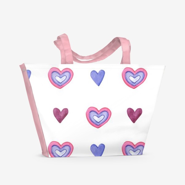 Пляжная сумка «Фиолетовые и розовые сердечки на белом»