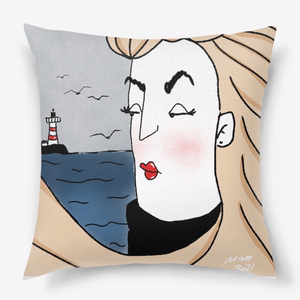 Подушка «девушка море маяк чайки романтика»
