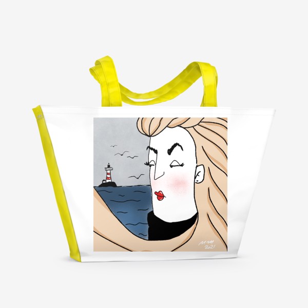 Пляжная сумка «девушка море маяк чайки романтика»