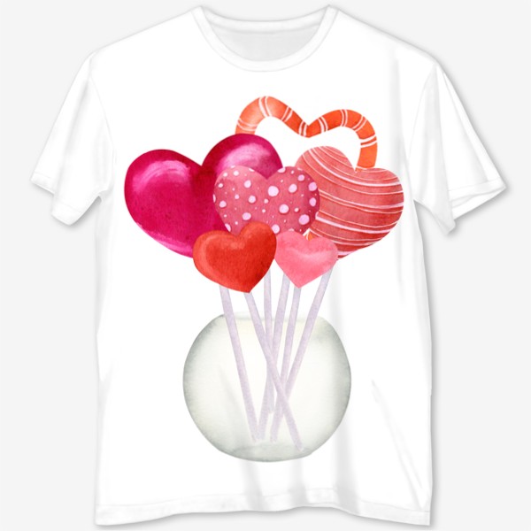 Футболка с полной запечаткой «Сердечки чупа чупсы в вазочке - 14 февраля - Сердечки на палочке лоллипоп - Lollipop»