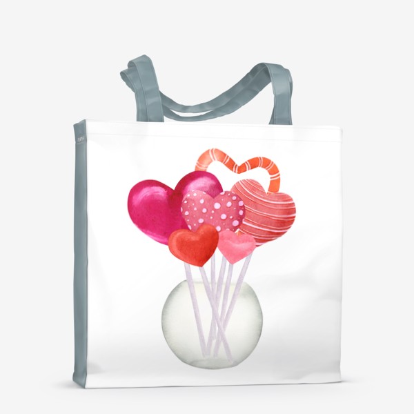 Сумка-шоппер «Сердечки чупа чупсы в вазочке - 14 февраля - Сердечки на палочке лоллипоп - Lollipop»