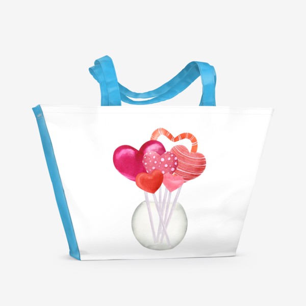 Пляжная сумка «Сердечки чупа чупсы в вазочке - 14 февраля - Сердечки на палочке лоллипоп - Lollipop»