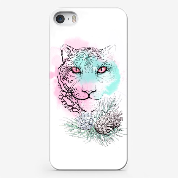 Чехол iPhone «Мятно розовый тигр в сосновых веточках»