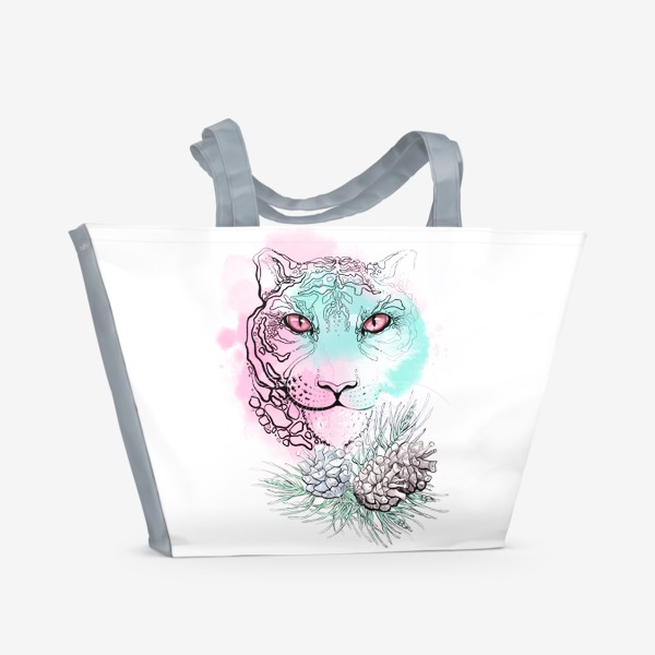 Пляжная сумка «Мятно розовый тигр в сосновых веточках»