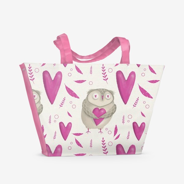 Пляжная сумка «Паттерн день святого Валентина, 14 февраля, сердечки, любовь, сердце, сова. Любителю Гарри Поттер, птица»