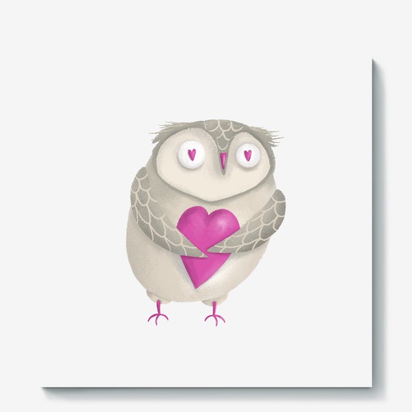 Холст «Сова с сердцем, подарок на день святого Валентина, 14 февраля, сердечки, любовь. Любителю Гарри Поттер, птица»