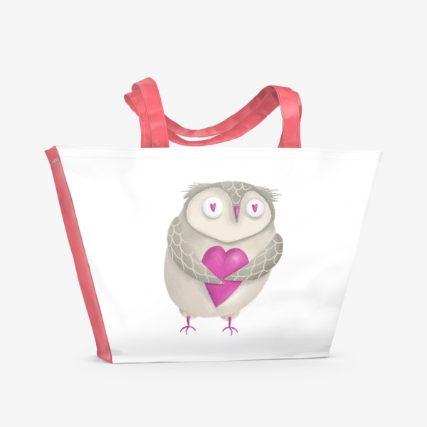 Пляжная сумка «Сова с сердцем, подарок на день святого Валентина, 14 февраля, сердечки, любовь. Любителю Гарри Поттер, птица»