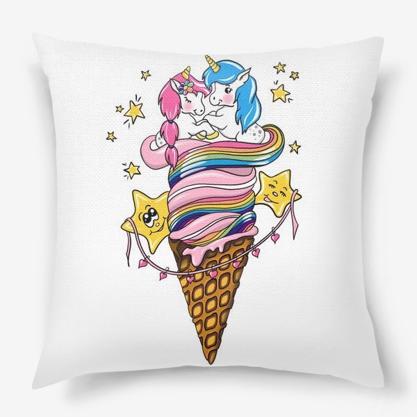 Подушка «Единороги, единорог, любовь, радуга, мороженое, звёзды, лошадь, 14 февраля, влюблённые, романтика, счастье»