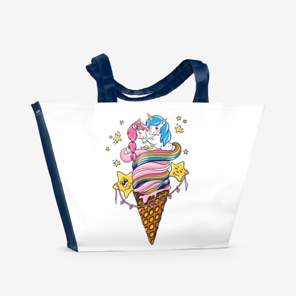 Пляжная сумка «Единороги, единорог, любовь, радуга, мороженое, звёзды, лошадь, 14 февраля, влюблённые, романтика, счастье»