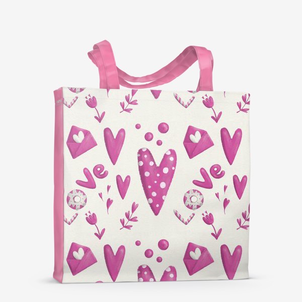 Сумка-шоппер «Паттерн день святого Валентина, 14 февраля, сердечки, любовь, сердце, стильный подарок девушке. Весна, тюльпаны, 8 марта»