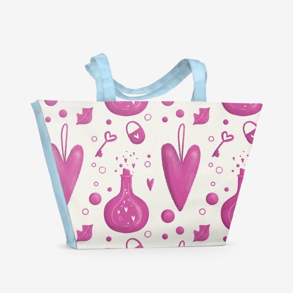 Пляжная сумка &laquo;Паттерн день святого Валентина, 14 февраля, сердечки, любовь, губы, стильный подарок девушке. Эликсир любви, магия&raquo;