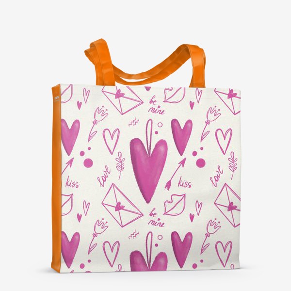 Сумка-шоппер «Паттерн день святого Валентина, 14 февраля, сердечки, любовь, сердце, стильный подарок девушке. Весна, тюльпаны, 8 марта»