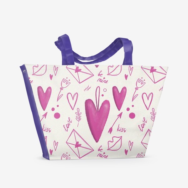 Пляжная сумка «Паттерн день святого Валентина, 14 февраля, сердечки, любовь, сердце, стильный подарок девушке. Весна, тюльпаны, 8 марта»
