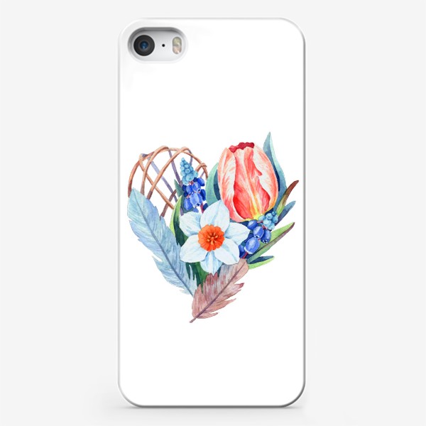 Чехол iPhone «Сердце с весенними цветами и перьями»