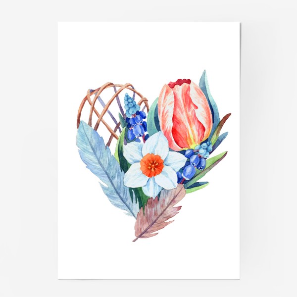 Постер «Сердце с весенними цветами и перьями»