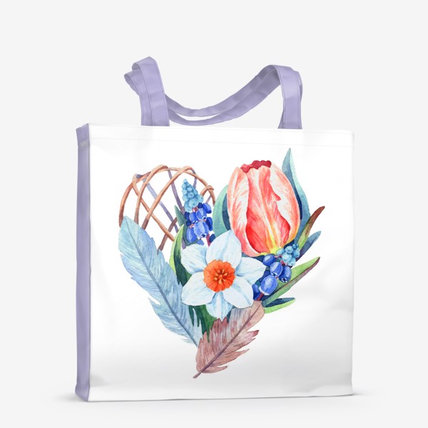 Сумка-шоппер «Сердце с весенними цветами и перьями»